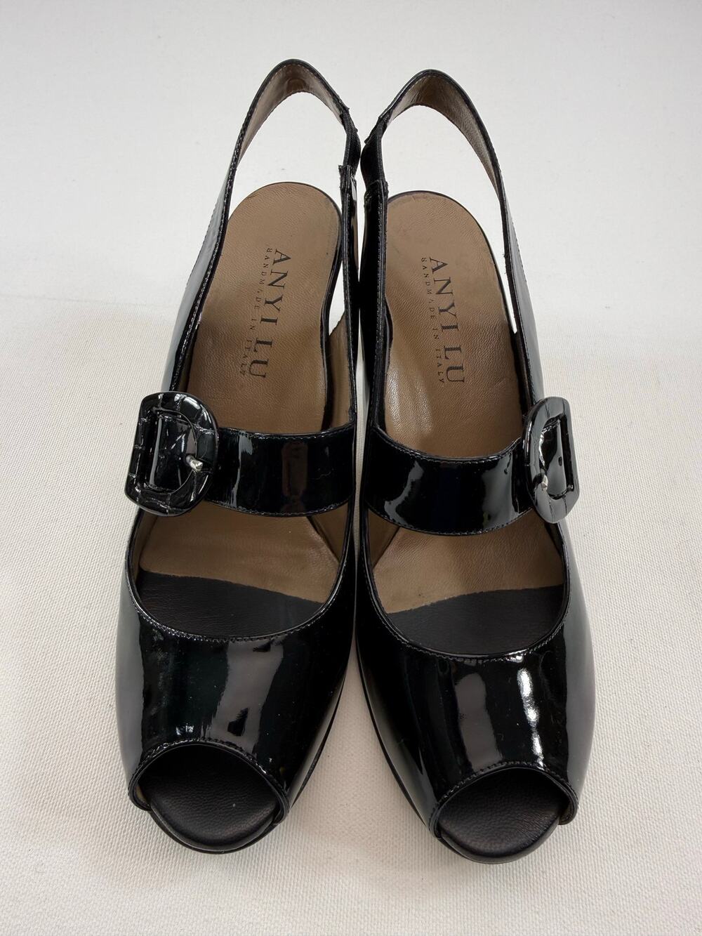 Anyi Lu Black Patent Mary Jane Slingback Heels‎ Italy 8 US 38.5 EU Designer